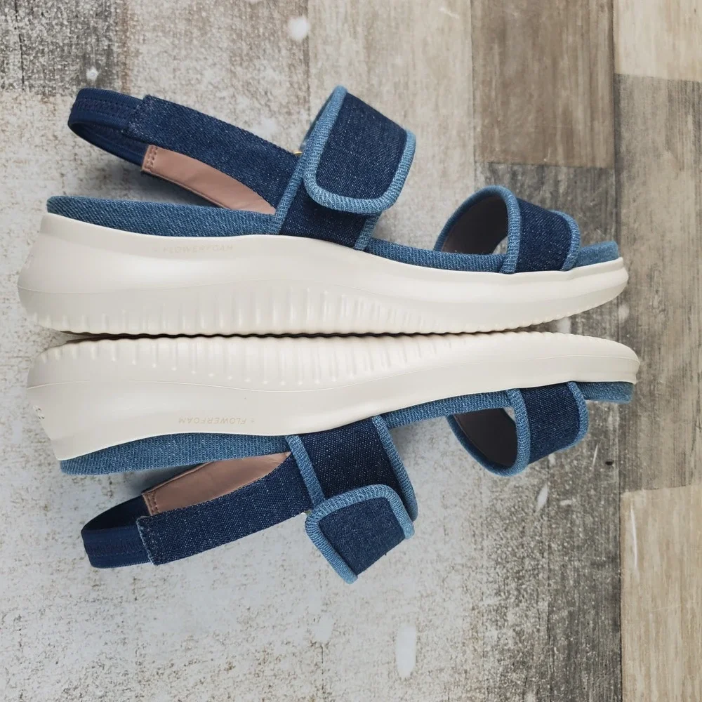 Cole Haan Zerogrand Meritt Sandal Womens Sz 7.5 B Denim Multi Ivory Hook & Loop